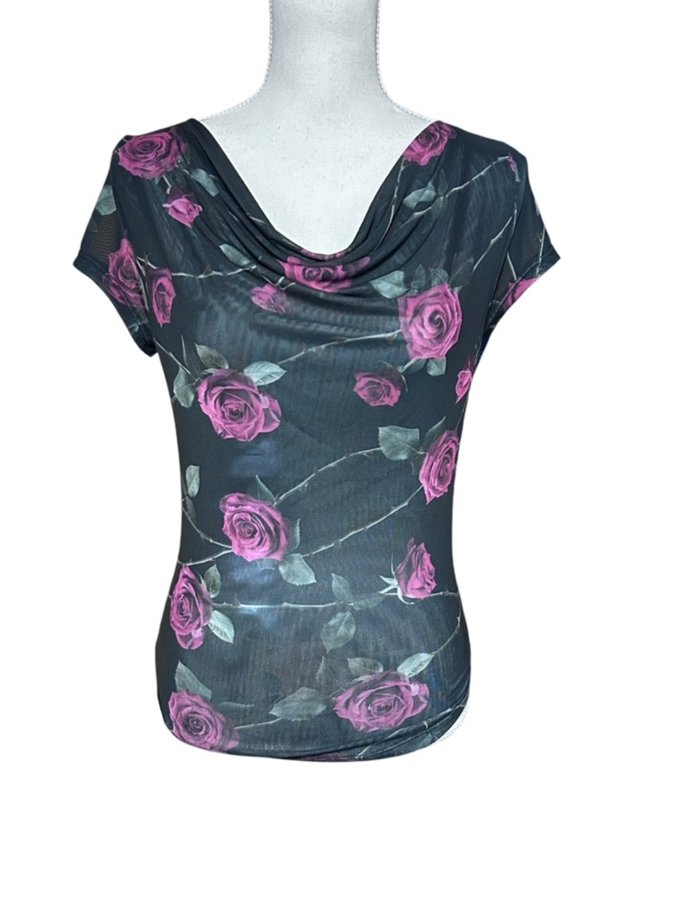 Sweet Lilac Womens Y2K Fairy Grunge Whimsigoth Rose Top Large Black Sheer Poetic